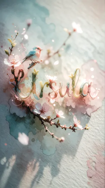 Ursula diseño 11 - Un delicado diseño de estilo acuarela digital que combina una tipografía de caligrafía personalizada para el nombre en tonos dorados y rosados suaves, adornada con pequeñas hojas y brotes. Un pajarito azul y naranja vibrante está posado en una de las letras. Todo está rodeado por un marco circular de ramas de cerezo en flor con delicadas flores rosadas y blancas. El fondo es un lavado de acuarela difuminado en tonos pastel suaves de azul cerceta, rosa rubor y melocotón sobre una textura de papel rugoso, con destellos luminosos y motas de luz bokeh flotando alrededor, creando una atmósfera mágica y soñadora. Las sombras suaves proyectadas añaden profundidad.