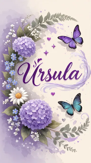 Ursula diseño 2 - Diseño elegante de hortensias en tonos lila y morados suaves, con volutas estilizadas y una mariposa mística que aporta un toque etéreo y mágico.