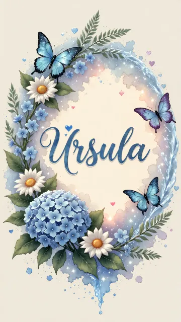 Ursula diseño 4 - Composición magica con nombre en letra cursiva azul, rodeado de hortensias azules, margaritas blancas y delicadas flores silvestres, enmarcado por suaves remolinos de agua, mariposas azules y destellos estelares sobre un fondo etéreo y romántico.