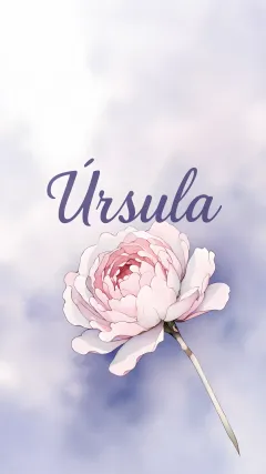 Ursula - Nombre en elegante tipografía cursiva caligráfica en tono lavanda, sobre fondo acuarela de cielo nublado en tonos pastel (azul, blanco, lavanda), decorado con rosa en acuarela de pétalos rosa pálido, blanco crema y lilas suaves con hojas en gris-verde.