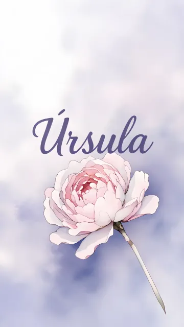 Ursula diseño 5 - Nombre en elegante tipografía cursiva caligráfica en tono lavanda, sobre fondo acuarela de cielo nublado en tonos pastel (azul, blanco, lavanda), decorado con rosa en acuarela de pétalos rosa pálido, blanco crema y lilas suaves con hojas en gris-verde.