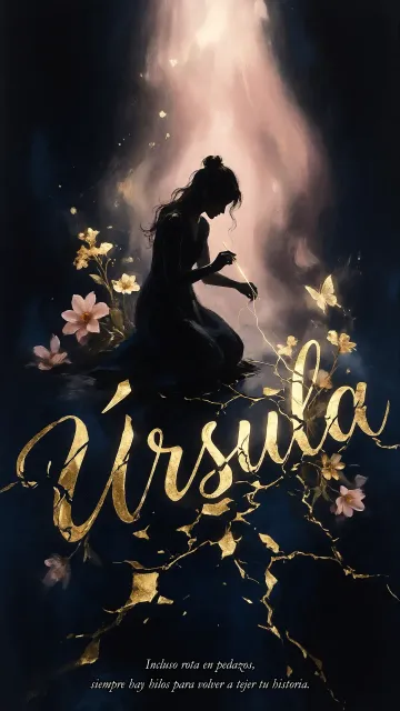 Ursula diseño 6 - Composición de ilustración semirrealista cinematográfica con silueta femenina tejiendo un hilo dorado de luz sobre un suelo oscuro fracturado al estilo Kintsugi, donde el nombre resalta en un prominente guión caligráfico dorado que emerge de las grietas, rodeado de flores blancas, mariposas y un fondo degradado de azules profundos iluminado por una luz celestial en tonos melocotón y crema, con una frase de aliento en tipografía blanca en la parte inferior.