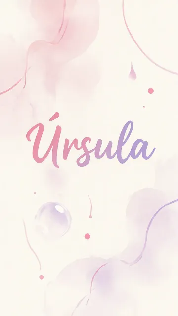 Ursula diseño 7 - Diseño abstracto en acuarela sobre fondo crema, con manchas fluidas y etéreas en rosa pastel y lila, líneas curvas que aportan movimiento, pequeñas gotas salpicadas cayendo verticalmente y una burbuja translúcida en la parte superior izquierda. El nombre resalta al centro con una tipografía cursiva amplia y elegante en degradado rosa a morado.
