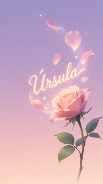 Ursula diseño 8 - Fondo de Pantalla con degradado suave que transiciona de lila en la parte superior a melocotón y rosa pastel en la base, destacando una rosa rosada hiperrealista con tallo y hojas verdes. El nombre brilla en tipografía cursiva con efecto neón cálido, adornado con pétalos cayendo y chispas de luz mágica.