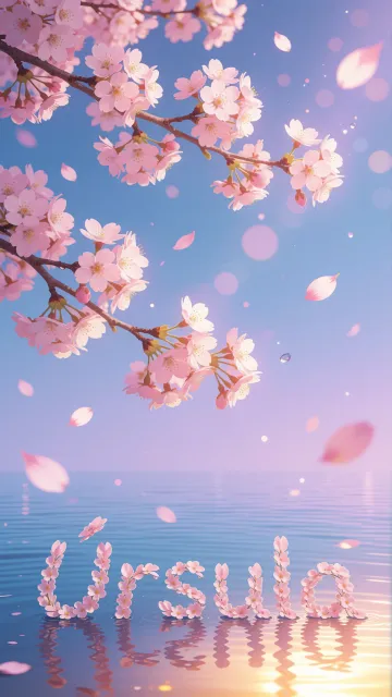 Ursula diseño 9 - Composición serena y onírica con ramas de cerezo en flor (sakura) en la parte superior contra un cielo en degradado de azul suave y lila. Pétalos de color rosa pastel flotan delicadamente en el aire cayendo hacia una superficie de agua tranquila y cristalina. En el centro inferior, el nombre está formado por pétalos de flores con un sutil efecto de relieve 3D y tipografía floral, reflejándose sobre el agua que está iluminada por un cálido destello dorado de luz solar en la esquina inferior derecha.