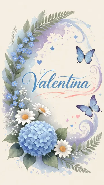 Valentina diseño 1 - Hortensias azules, flores pequeñas y acuarela suave con mariposas azules y brillo etéreo