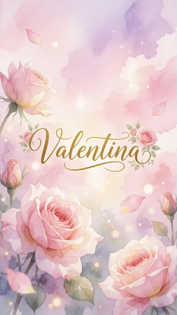 Valentina diseño 10 - Diseño estilo acuarela con un fondo etéreo y texturizado en nubes de tonos rosa pastel y lila suave. Presenta composiciones de rosas abiertas y capullos en los bordes inferior y superior, con pétalos cayendo delicadamente. Incorpora destellos de luz cálida (efecto bokeh) y, en el centro, resalta una tipografía elegante, cursiva y fluida en color dorado.