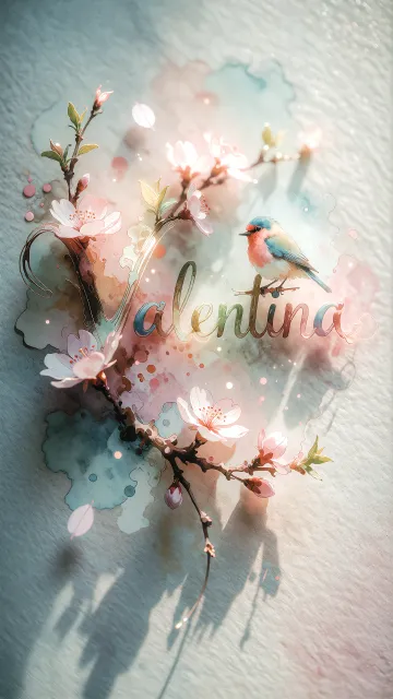 Valentina diseño 11 - Un delicado diseño de estilo acuarela digital que combina una tipografía de caligrafía personalizada para el nombre en tonos dorados y rosados suaves, adornada con pequeñas hojas y brotes. Un pajarito azul y naranja vibrante está posado en una de las letras. Todo está rodeado por un marco circular de ramas de cerezo en flor con delicadas flores rosadas y blancas. El fondo es un lavado de acuarela difuminado en tonos pastel suaves de azul cerceta, rosa rubor y melocotón sobre una textura de papel rugoso, con destellos luminosos y motas de luz bokeh flotando alrededor, creando una atmósfera mágica y soñadora. Las sombras suaves proyectadas añaden profundidad.