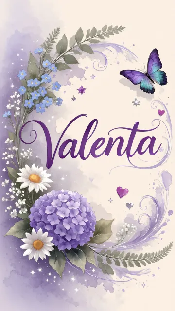 Valentina diseño 2 - Diseño elegante de hortensias en tonos lila y morados suaves, con volutas estilizadas y una mariposa mística que aporta un toque etéreo y mágico.