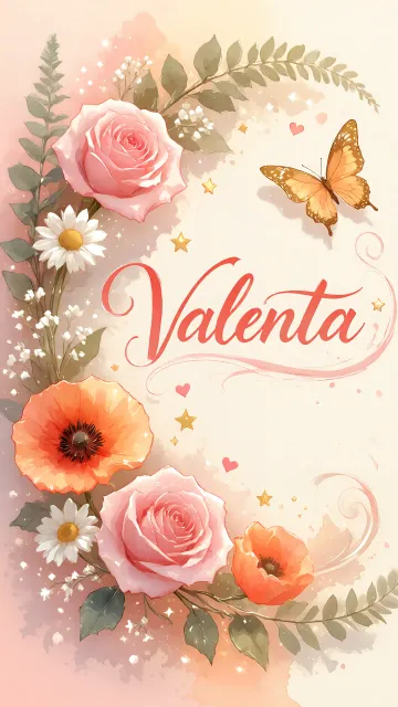 Valentina diseño 3 - Elegante composición de rosas rosadas y amapolas naranjas con mariposas doradas brillantes sobre un fondo cálido, romántico y mágico.