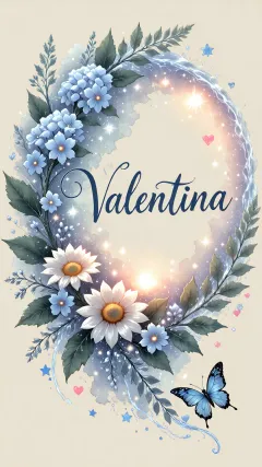 Valentina - Composición magica con nombre en letra cursiva azul, rodeado de hortensias azules, margaritas blancas y delicadas flores silvestres, enmarcado por suaves remolinos de agua, mariposas azules y destellos estelares sobre un fondo etéreo y romántico.