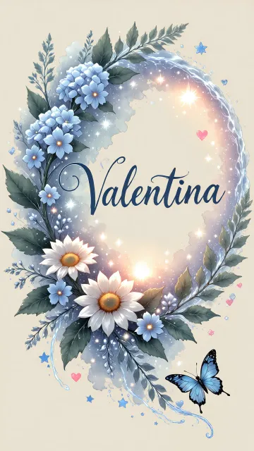 Valentina diseño 4 - Composición magica con nombre en letra cursiva azul, rodeado de hortensias azules, margaritas blancas y delicadas flores silvestres, enmarcado por suaves remolinos de agua, mariposas azules y destellos estelares sobre un fondo etéreo y romántico.