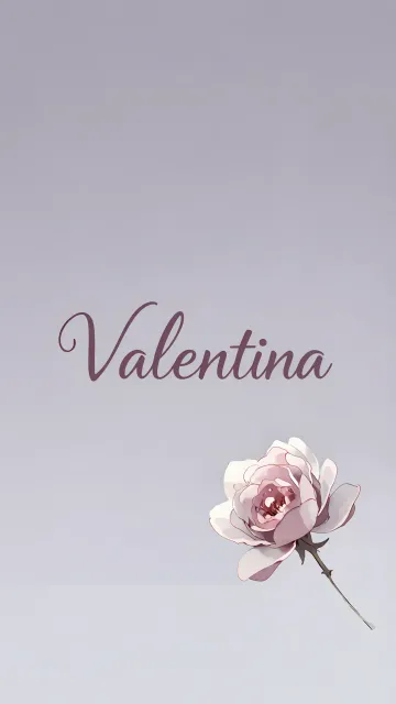 Valentina diseño 5 - Nombre en elegante tipografía cursiva caligráfica en tono lavanda, sobre fondo acuarela de cielo nublado en tonos pastel (azul, blanco, lavanda), decorado con rosa en acuarela de pétalos rosa pálido, blanco crema y lilas suaves con hojas en gris-verde.