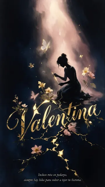 Valentina diseño 6 - Composición de ilustración semirrealista cinematográfica con silueta femenina tejiendo un hilo dorado de luz sobre un suelo oscuro fracturado al estilo Kintsugi, donde el nombre resalta en un prominente guión caligráfico dorado que emerge de las grietas, rodeado de flores blancas, mariposas y un fondo degradado de azules profundos iluminado por una luz celestial en tonos melocotón y crema, con una frase de aliento en tipografía blanca en la parte inferior.