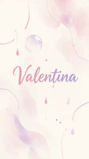 Valentina diseño 7 - Diseño abstracto en acuarela sobre fondo crema, con manchas fluidas y etéreas en rosa pastel y lila, líneas curvas que aportan movimiento, pequeñas gotas salpicadas cayendo verticalmente y una burbuja translúcida en la parte superior izquierda. El nombre resalta al centro con una tipografía cursiva amplia y elegante en degradado rosa a morado.