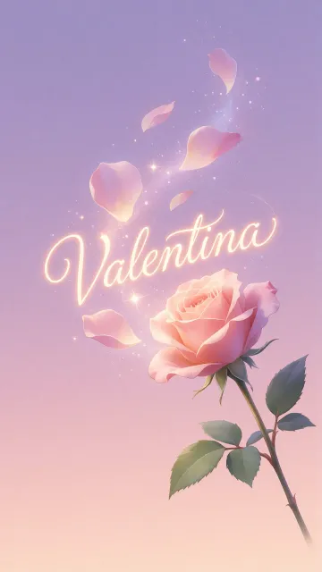Valentina diseño 8 - Fondo de Pantalla con degradado suave que transiciona de lila en la parte superior a melocotón y rosa pastel en la base, destacando una rosa rosada hiperrealista con tallo y hojas verdes. El nombre brilla en tipografía cursiva con efecto neón cálido, adornado con pétalos cayendo y chispas de luz mágica.