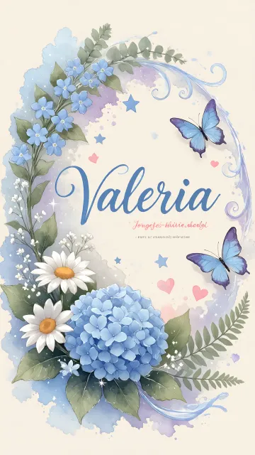 Valeria diseño 1 - Hortensias azules, flores pequeñas y acuarela suave con mariposas azules y brillo etéreo