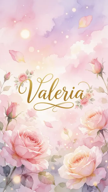 Valeria diseño 10 - Diseño estilo acuarela con un fondo etéreo y texturizado en nubes de tonos rosa pastel y lila suave. Presenta composiciones de rosas abiertas y capullos en los bordes inferior y superior, con pétalos cayendo delicadamente. Incorpora destellos de luz cálida (efecto bokeh) y, en el centro, resalta una tipografía elegante, cursiva y fluida en color dorado.