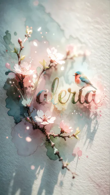 Valeria diseño 11 - Un delicado diseño de estilo acuarela digital que combina una tipografía de caligrafía personalizada para el nombre en tonos dorados y rosados suaves, adornada con pequeñas hojas y brotes. Un pajarito azul y naranja vibrante está posado en una de las letras. Todo está rodeado por un marco circular de ramas de cerezo en flor con delicadas flores rosadas y blancas. El fondo es un lavado de acuarela difuminado en tonos pastel suaves de azul cerceta, rosa rubor y melocotón sobre una textura de papel rugoso, con destellos luminosos y motas de luz bokeh flotando alrededor, creando una atmósfera mágica y soñadora. Las sombras suaves proyectadas añaden profundidad.