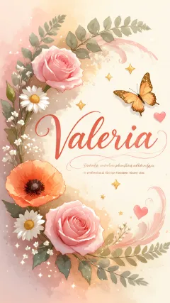 Valeria - Elegante composición de rosas rosadas y amapolas naranjas con mariposas doradas brillantes sobre un fondo cálido, romántico y mágico.