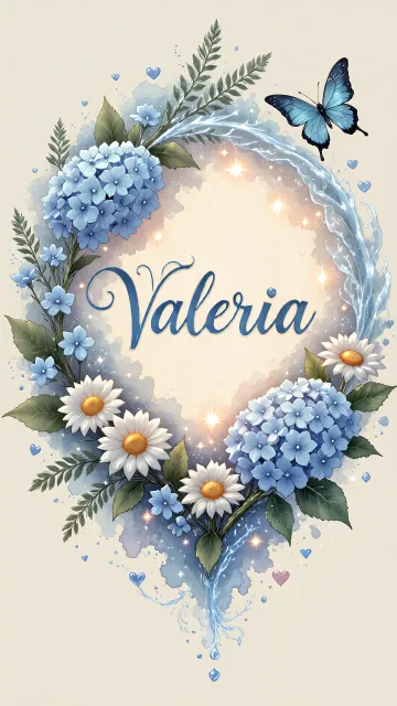 Valeria diseño 4 - Composición magica con nombre en letra cursiva azul, rodeado de hortensias azules, margaritas blancas y delicadas flores silvestres, enmarcado por suaves remolinos de agua, mariposas azules y destellos estelares sobre un fondo etéreo y romántico.