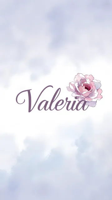 Valeria diseño 5 - Nombre en elegante tipografía cursiva caligráfica en tono lavanda, sobre fondo acuarela de cielo nublado en tonos pastel (azul, blanco, lavanda), decorado con rosa en acuarela de pétalos rosa pálido, blanco crema y lilas suaves con hojas en gris-verde.
