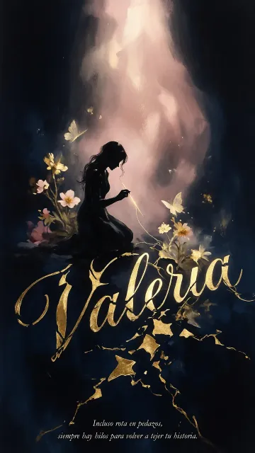 Valeria diseño 6 - Composición de ilustración semirrealista cinematográfica con silueta femenina tejiendo un hilo dorado de luz sobre un suelo oscuro fracturado al estilo Kintsugi, donde el nombre resalta en un prominente guión caligráfico dorado que emerge de las grietas, rodeado de flores blancas, mariposas y un fondo degradado de azules profundos iluminado por una luz celestial en tonos melocotón y crema, con una frase de aliento en tipografía blanca en la parte inferior.