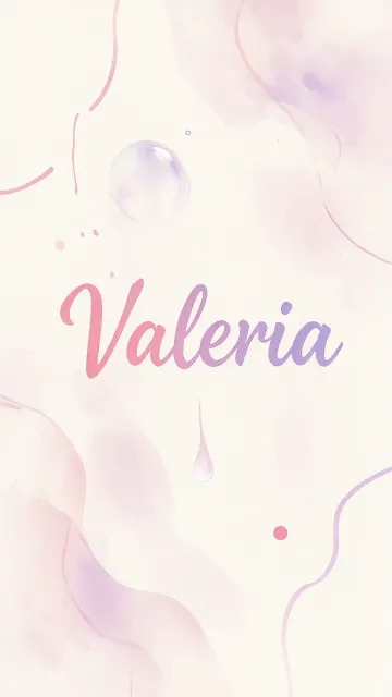 Valeria diseño 7 - Diseño abstracto en acuarela sobre fondo crema, con manchas fluidas y etéreas en rosa pastel y lila, líneas curvas que aportan movimiento, pequeñas gotas salpicadas cayendo verticalmente y una burbuja translúcida en la parte superior izquierda. El nombre resalta al centro con una tipografía cursiva amplia y elegante en degradado rosa a morado.
