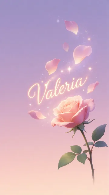 Valeria diseño 8 - Fondo de Pantalla con degradado suave que transiciona de lila en la parte superior a melocotón y rosa pastel en la base, destacando una rosa rosada hiperrealista con tallo y hojas verdes. El nombre brilla en tipografía cursiva con efecto neón cálido, adornado con pétalos cayendo y chispas de luz mágica.