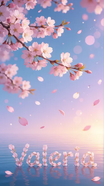 Valeria diseño 9 - Composición serena y onírica con ramas de cerezo en flor (sakura) en la parte superior contra un cielo en degradado de azul suave y lila. Pétalos de color rosa pastel flotan delicadamente en el aire cayendo hacia una superficie de agua tranquila y cristalina. En el centro inferior, el nombre está formado por pétalos de flores con un sutil efecto de relieve 3D y tipografía floral, reflejándose sobre el agua que está iluminada por un cálido destello dorado de luz solar en la esquina inferior derecha.