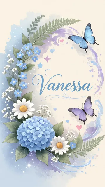 Vanessa diseño 1 - Hortensias azules, flores pequeñas y acuarela suave con mariposas azules y brillo etéreo