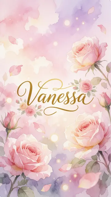 Vanessa diseño 10 - Diseño estilo acuarela con un fondo etéreo y texturizado en nubes de tonos rosa pastel y lila suave. Presenta composiciones de rosas abiertas y capullos en los bordes inferior y superior, con pétalos cayendo delicadamente. Incorpora destellos de luz cálida (efecto bokeh) y, en el centro, resalta una tipografía elegante, cursiva y fluida en color dorado.