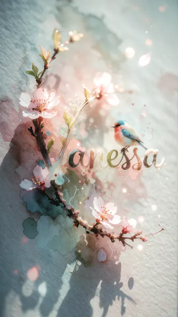 Vanessa diseño 11 - Un delicado diseño de estilo acuarela digital que combina una tipografía de caligrafía personalizada para el nombre en tonos dorados y rosados suaves, adornada con pequeñas hojas y brotes. Un pajarito azul y naranja vibrante está posado en una de las letras. Todo está rodeado por un marco circular de ramas de cerezo en flor con delicadas flores rosadas y blancas. El fondo es un lavado de acuarela difuminado en tonos pastel suaves de azul cerceta, rosa rubor y melocotón sobre una textura de papel rugoso, con destellos luminosos y motas de luz bokeh flotando alrededor, creando una atmósfera mágica y soñadora. Las sombras suaves proyectadas añaden profundidad.