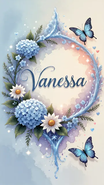 Vanessa diseño 4 - Composición magica con nombre en letra cursiva azul, rodeado de hortensias azules, margaritas blancas y delicadas flores silvestres, enmarcado por suaves remolinos de agua, mariposas azules y destellos estelares sobre un fondo etéreo y romántico.
