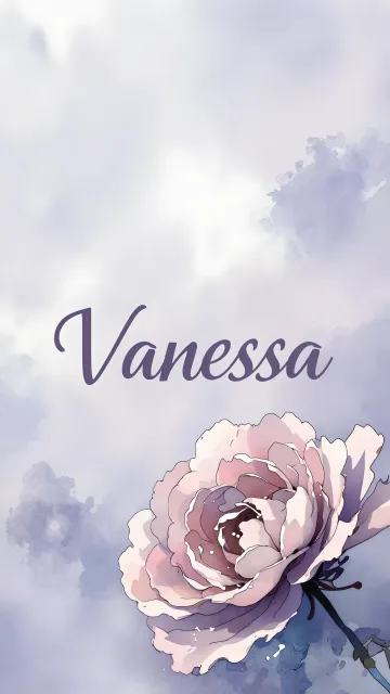 Vanessa diseño 5 - Nombre en elegante tipografía cursiva caligráfica en tono lavanda, sobre fondo acuarela de cielo nublado en tonos pastel (azul, blanco, lavanda), decorado con rosa en acuarela de pétalos rosa pálido, blanco crema y lilas suaves con hojas en gris-verde.