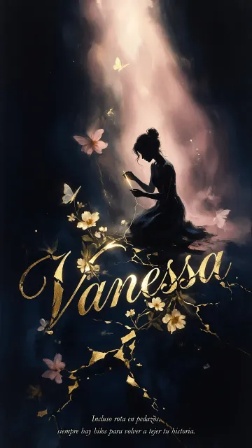 Vanessa diseño 6 - Composición de ilustración semirrealista cinematográfica con silueta femenina tejiendo un hilo dorado de luz sobre un suelo oscuro fracturado al estilo Kintsugi, donde el nombre resalta en un prominente guión caligráfico dorado que emerge de las grietas, rodeado de flores blancas, mariposas y un fondo degradado de azules profundos iluminado por una luz celestial en tonos melocotón y crema, con una frase de aliento en tipografía blanca en la parte inferior.