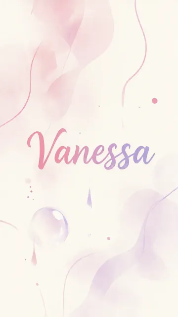 Vanessa diseño 7 - Diseño abstracto en acuarela sobre fondo crema, con manchas fluidas y etéreas en rosa pastel y lila, líneas curvas que aportan movimiento, pequeñas gotas salpicadas cayendo verticalmente y una burbuja translúcida en la parte superior izquierda. El nombre resalta al centro con una tipografía cursiva amplia y elegante en degradado rosa a morado.