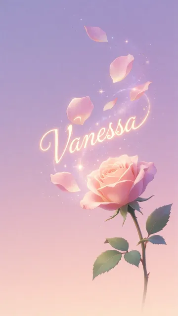 Vanessa diseño 8 - Fondo de Pantalla con degradado suave que transiciona de lila en la parte superior a melocotón y rosa pastel en la base, destacando una rosa rosada hiperrealista con tallo y hojas verdes. El nombre brilla en tipografía cursiva con efecto neón cálido, adornado con pétalos cayendo y chispas de luz mágica.