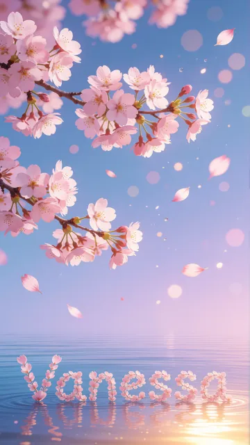 Vanessa diseño 9 - Composición serena y onírica con ramas de cerezo en flor (sakura) en la parte superior contra un cielo en degradado de azul suave y lila. Pétalos de color rosa pastel flotan delicadamente en el aire cayendo hacia una superficie de agua tranquila y cristalina. En el centro inferior, el nombre está formado por pétalos de flores con un sutil efecto de relieve 3D y tipografía floral, reflejándose sobre el agua que está iluminada por un cálido destello dorado de luz solar en la esquina inferior derecha.