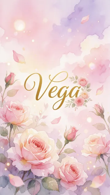 Vega diseño 10 - Diseño estilo acuarela con un fondo etéreo y texturizado en nubes de tonos rosa pastel y lila suave. Presenta composiciones de rosas abiertas y capullos en los bordes inferior y superior, con pétalos cayendo delicadamente. Incorpora destellos de luz cálida (efecto bokeh) y, en el centro, resalta una tipografía elegante, cursiva y fluida en color dorado.