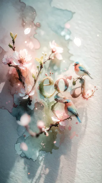 Vega diseño 11 - Un delicado diseño de estilo acuarela digital que combina una tipografía de caligrafía personalizada para el nombre en tonos dorados y rosados suaves, adornada con pequeñas hojas y brotes. Un pajarito azul y naranja vibrante está posado en una de las letras. Todo está rodeado por un marco circular de ramas de cerezo en flor con delicadas flores rosadas y blancas. El fondo es un lavado de acuarela difuminado en tonos pastel suaves de azul cerceta, rosa rubor y melocotón sobre una textura de papel rugoso, con destellos luminosos y motas de luz bokeh flotando alrededor, creando una atmósfera mágica y soñadora. Las sombras suaves proyectadas añaden profundidad.