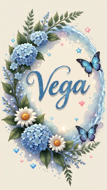 Vega diseño 4 - Composición magica con nombre en letra cursiva azul, rodeado de hortensias azules, margaritas blancas y delicadas flores silvestres, enmarcado por suaves remolinos de agua, mariposas azules y destellos estelares sobre un fondo etéreo y romántico.