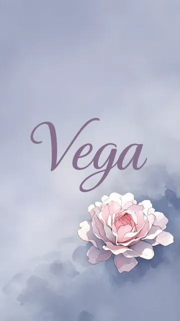 Vega diseño 5 - Nombre en elegante tipografía cursiva caligráfica en tono lavanda, sobre fondo acuarela de cielo nublado en tonos pastel (azul, blanco, lavanda), decorado con rosa en acuarela de pétalos rosa pálido, blanco crema y lilas suaves con hojas en gris-verde.