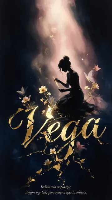 Vega diseño 6 - Composición de ilustración semirrealista cinematográfica con silueta femenina tejiendo un hilo dorado de luz sobre un suelo oscuro fracturado al estilo Kintsugi, donde el nombre resalta en un prominente guión caligráfico dorado que emerge de las grietas, rodeado de flores blancas, mariposas y un fondo degradado de azules profundos iluminado por una luz celestial en tonos melocotón y crema, con una frase de aliento en tipografía blanca en la parte inferior.