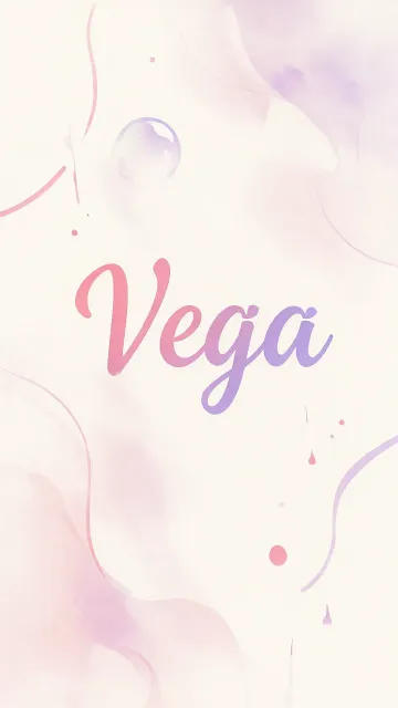 Vega diseño 7 - Diseño abstracto en acuarela sobre fondo crema, con manchas fluidas y etéreas en rosa pastel y lila, líneas curvas que aportan movimiento, pequeñas gotas salpicadas cayendo verticalmente y una burbuja translúcida en la parte superior izquierda. El nombre resalta al centro con una tipografía cursiva amplia y elegante en degradado rosa a morado.