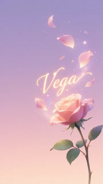 Vega diseño 8 - Fondo de Pantalla con degradado suave que transiciona de lila en la parte superior a melocotón y rosa pastel en la base, destacando una rosa rosada hiperrealista con tallo y hojas verdes. El nombre brilla en tipografía cursiva con efecto neón cálido, adornado con pétalos cayendo y chispas de luz mágica.