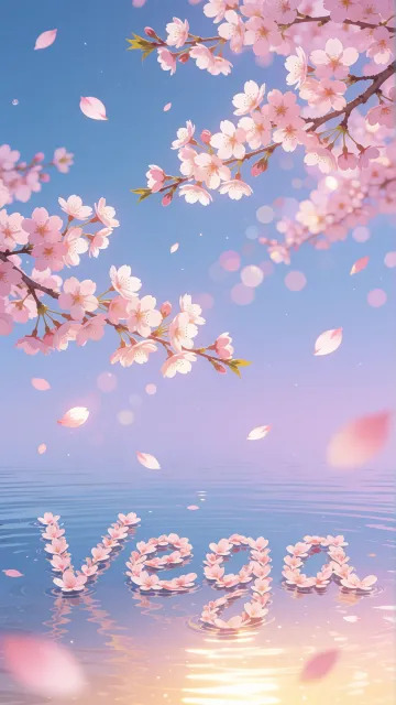 Vega diseño 9 - Composición serena y onírica con ramas de cerezo en flor (sakura) en la parte superior contra un cielo en degradado de azul suave y lila. Pétalos de color rosa pastel flotan delicadamente en el aire cayendo hacia una superficie de agua tranquila y cristalina. En el centro inferior, el nombre está formado por pétalos de flores con un sutil efecto de relieve 3D y tipografía floral, reflejándose sobre el agua que está iluminada por un cálido destello dorado de luz solar en la esquina inferior derecha.