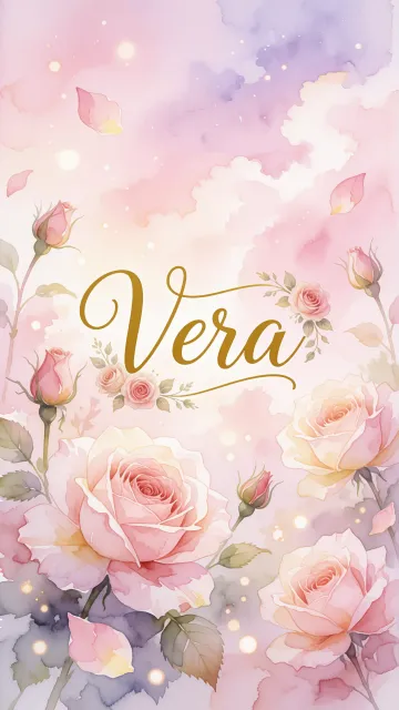Vera diseño 10 - Diseño estilo acuarela con un fondo etéreo y texturizado en nubes de tonos rosa pastel y lila suave. Presenta composiciones de rosas abiertas y capullos en los bordes inferior y superior, con pétalos cayendo delicadamente. Incorpora destellos de luz cálida (efecto bokeh) y, en el centro, resalta una tipografía elegante, cursiva y fluida en color dorado.