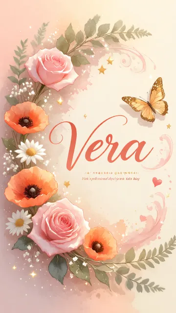 Vera diseño 3 - Elegante composición de rosas rosadas y amapolas naranjas con mariposas doradas brillantes sobre un fondo cálido, romántico y mágico.