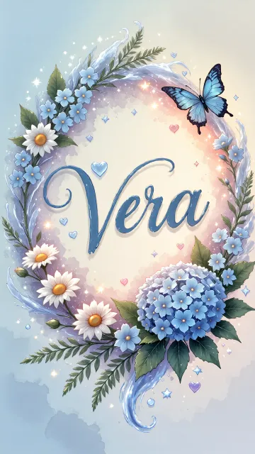Vera diseño 4 - Composición magica con nombre en letra cursiva azul, rodeado de hortensias azules, margaritas blancas y delicadas flores silvestres, enmarcado por suaves remolinos de agua, mariposas azules y destellos estelares sobre un fondo etéreo y romántico.